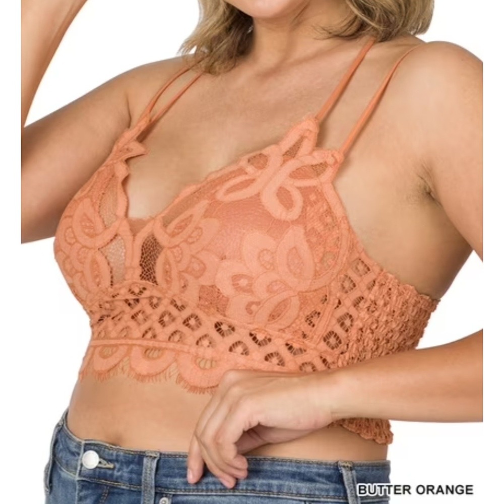 Zenana Floral Lace Bralette Butter Orange Longline Removable Pads boho 1X plus